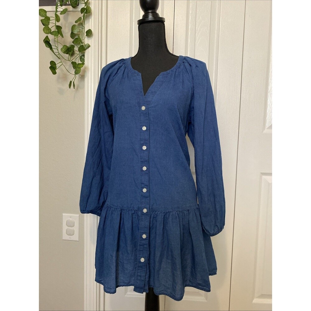 American Eagle smocked puff sleeve dress blue 100%cotton Boho babydoll size M